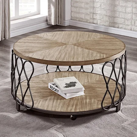 Relaxed Vintage Wood and Metal Round Cocktail Table with Casters